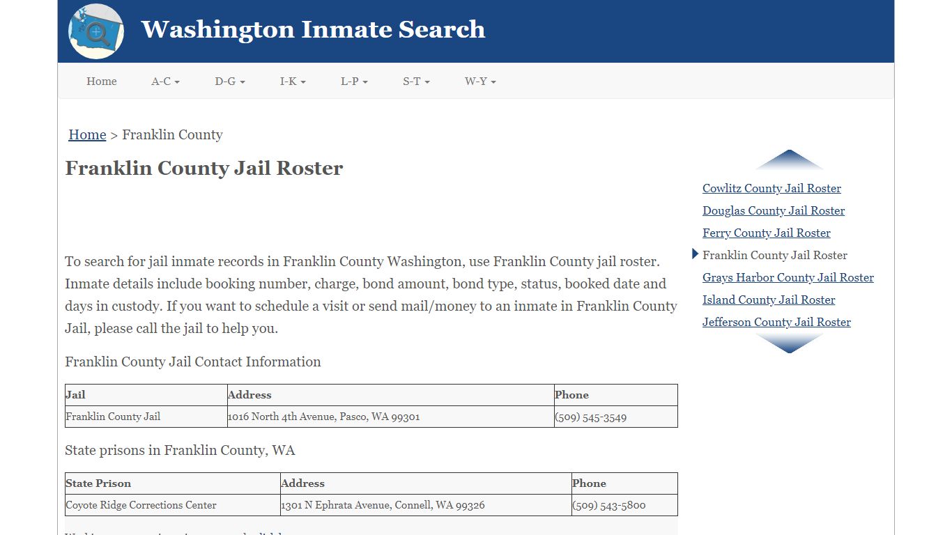 Franklin County Jail Roster - Washington Inmate Search